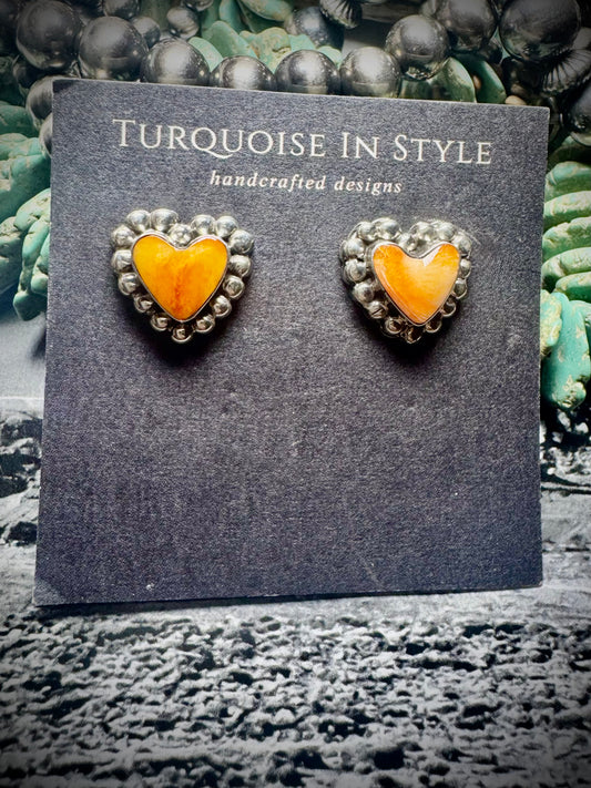 Orange Spiny Heart Stud Earrings by Annette Martinez