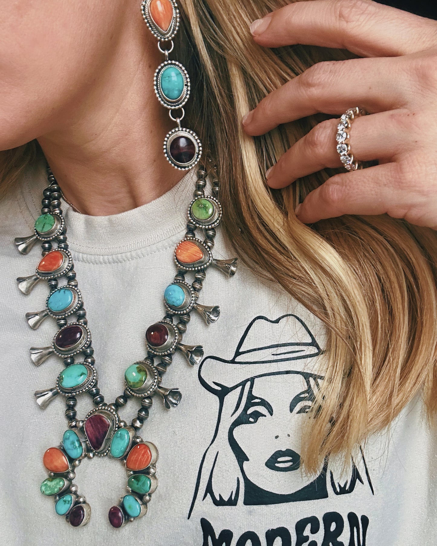 Timothy Yazzie Multi-Stone Squash Blossom Necklace & Earring Set