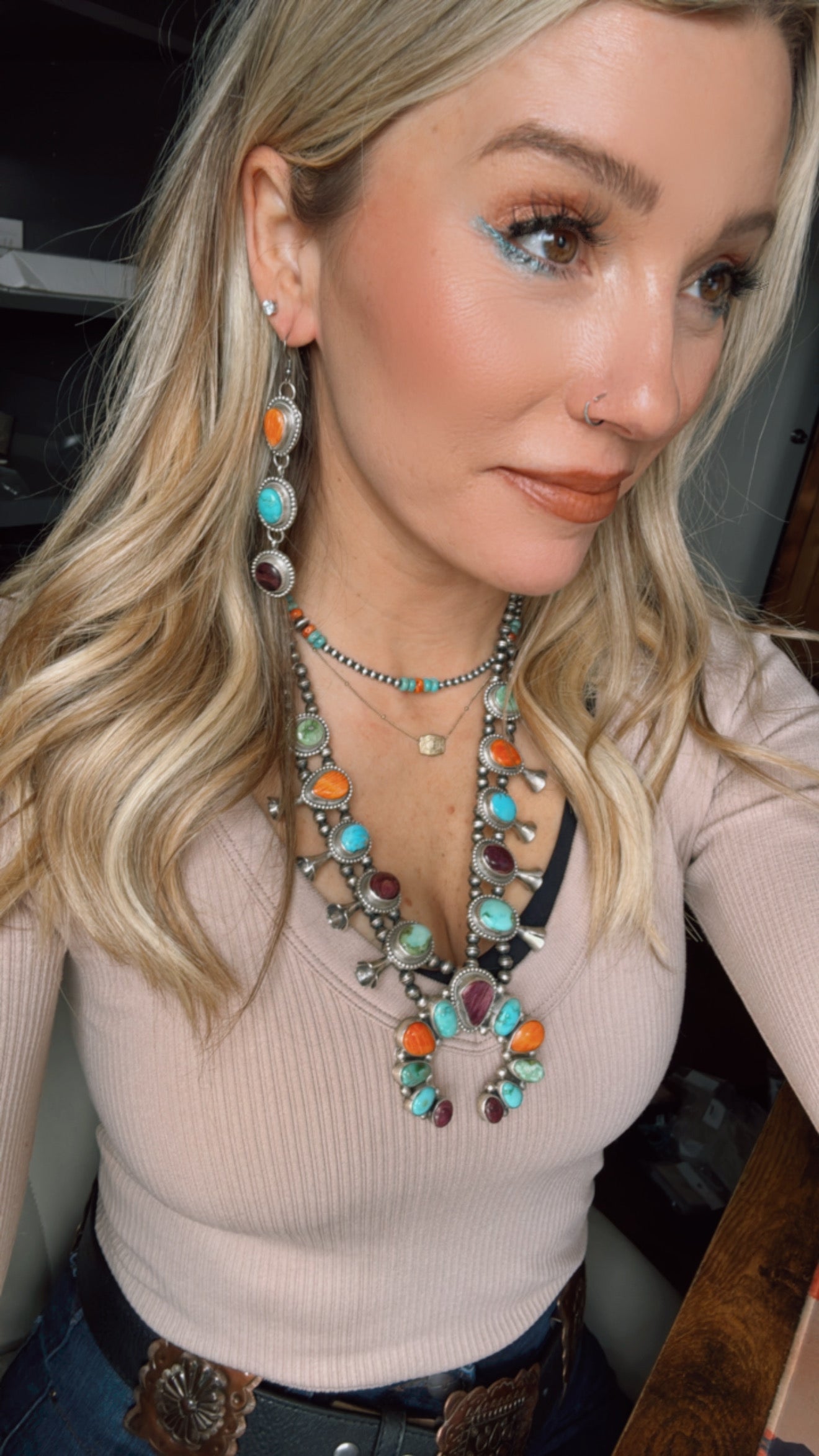 Timothy Yazzie Multi-Stone Squash Blossom Necklace & Earring Set