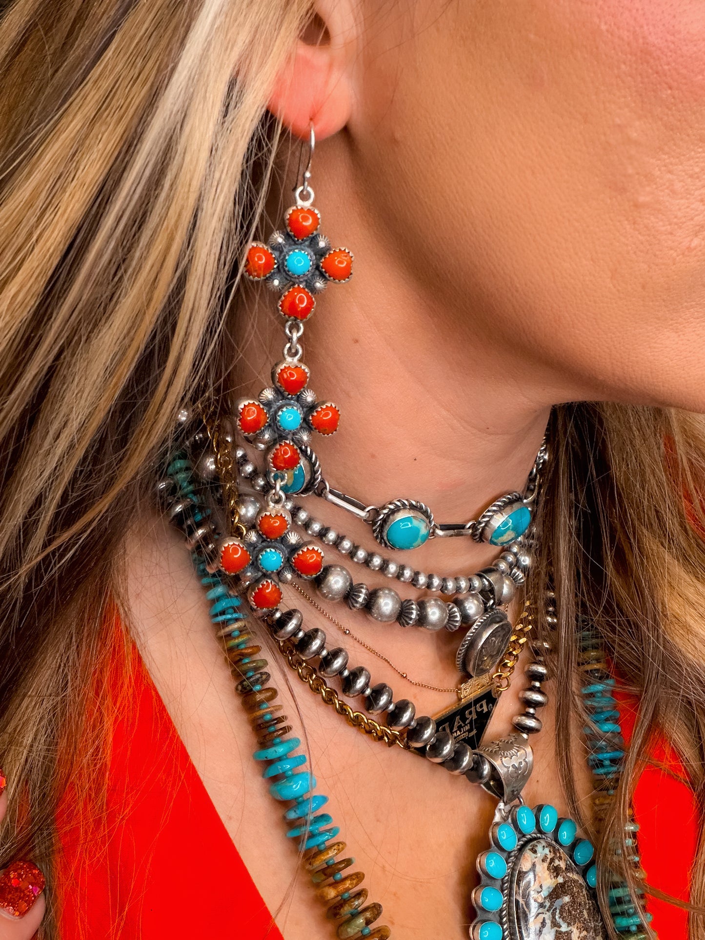 Red Coral and Sleeping Beauty Three Tier Dangles