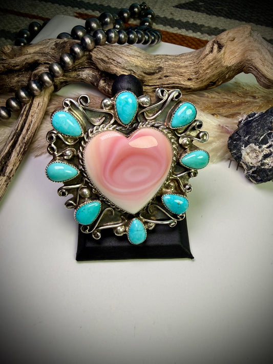 Pink Conch Heart & Turquoise Statement Ring