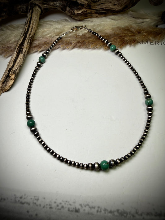 14" Sterling Pearl & Green Royston Turquoise Necklace