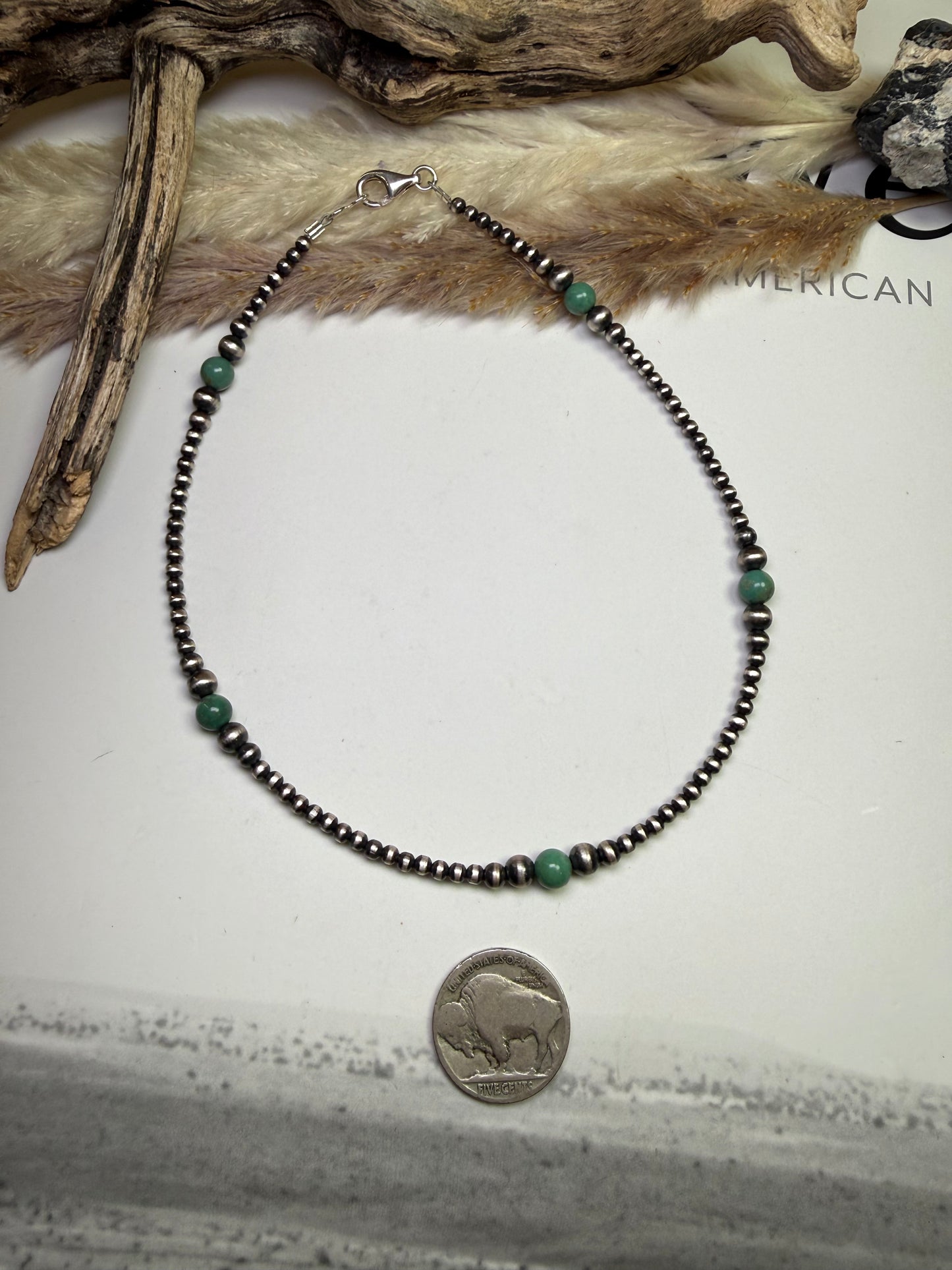 14" Sterling Pearl & Green Royston Turquoise Necklace