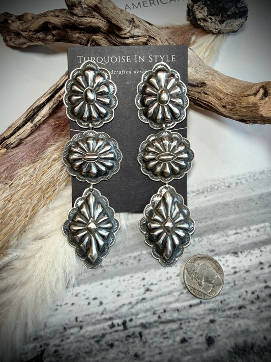 Rita Lee Triple Dangle All Silver Concho Earrings