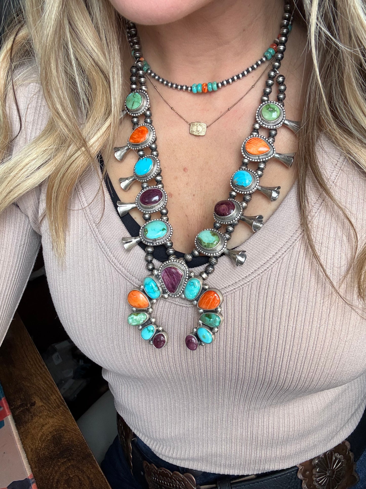 Timothy Yazzie Multi-Stone Squash Blossom Necklace & Earring Set