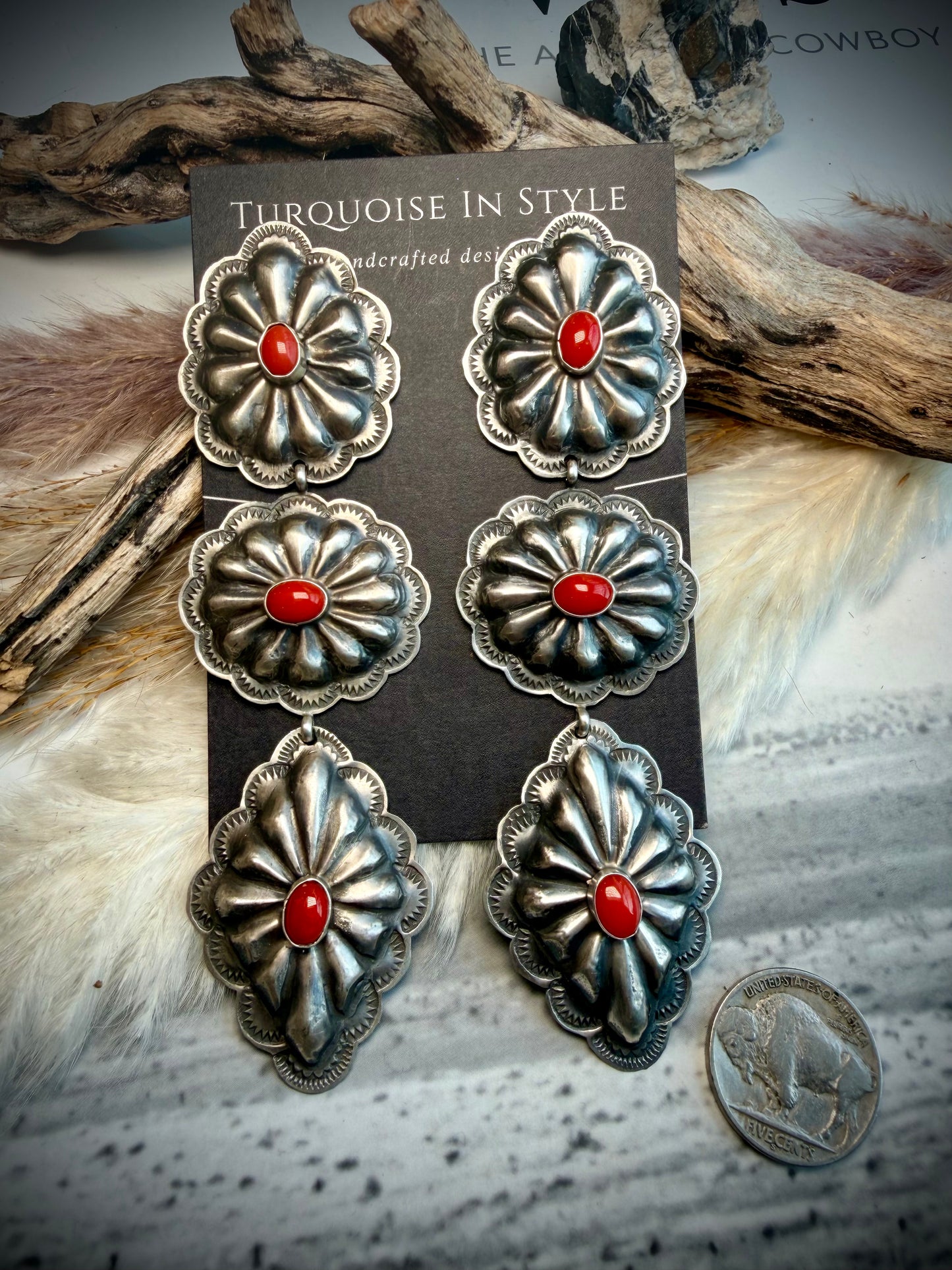 Triple Dangle Rita Lee Red Coral Concho Earrings