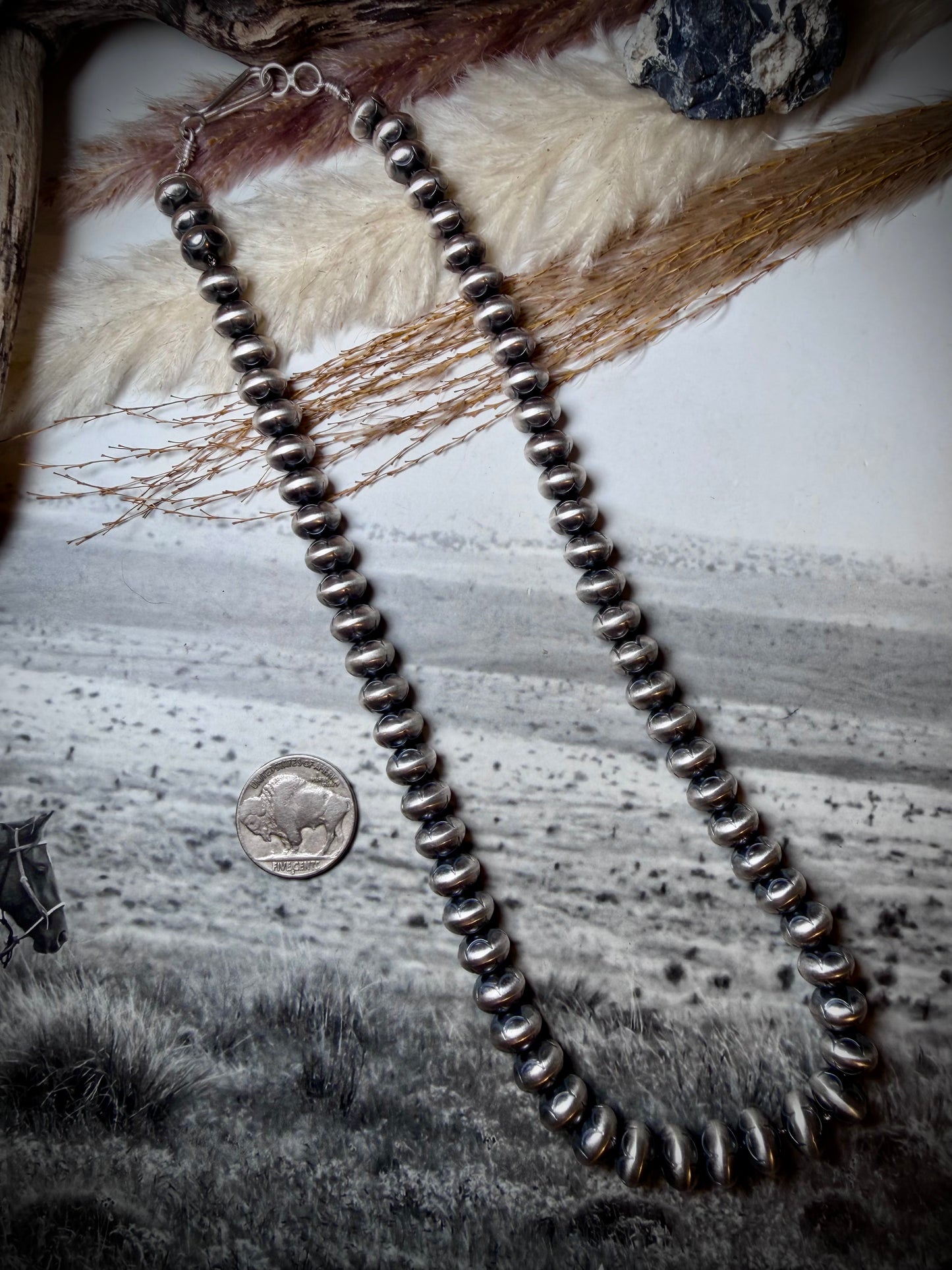 Handmade 19" 9mm Stamped Sterling Silver Navajo Pearl Necklace by Bryannen Halwood