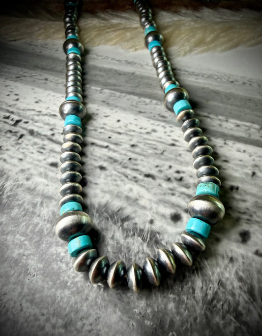 18" Sterling Pearl, Saucer and Turquoise Bead Necklace by Crystal Haley