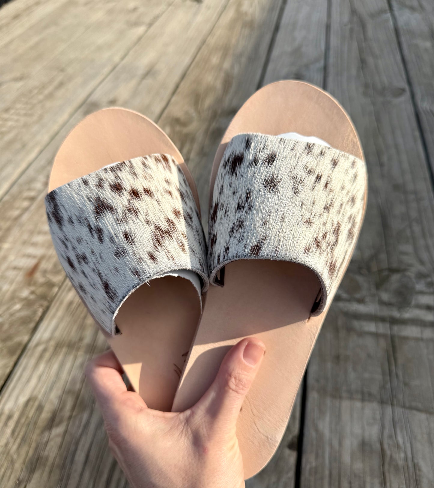 Chocolate & White Cowhide Slides