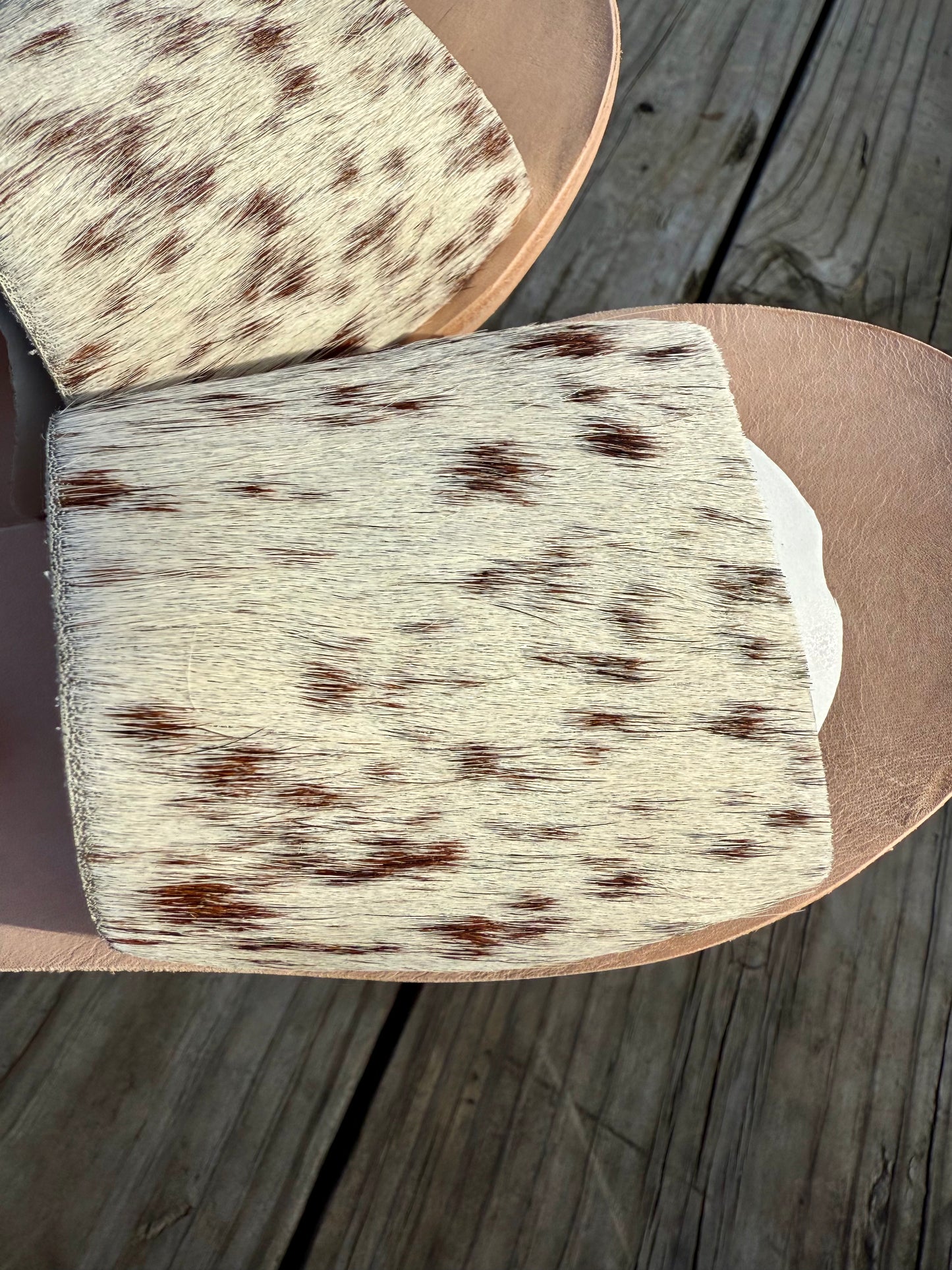 Chocolate & White Cowhide Slides