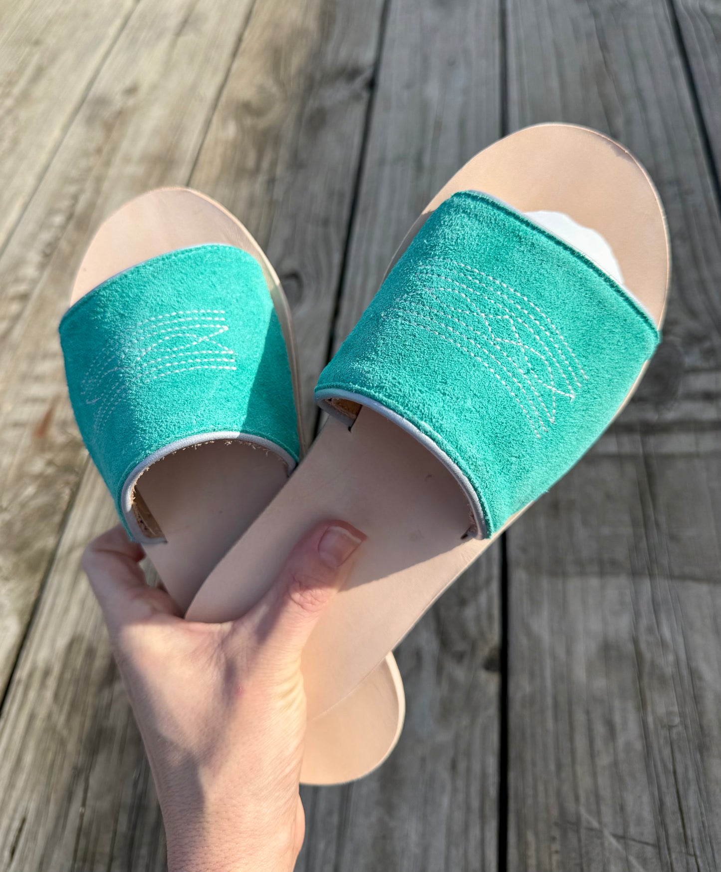 Turquoise & Silver Bootstitch Slides
