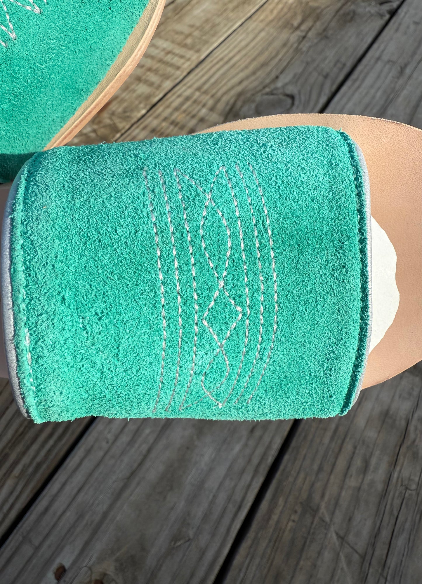 Turquoise & Silver Bootstitch Slides