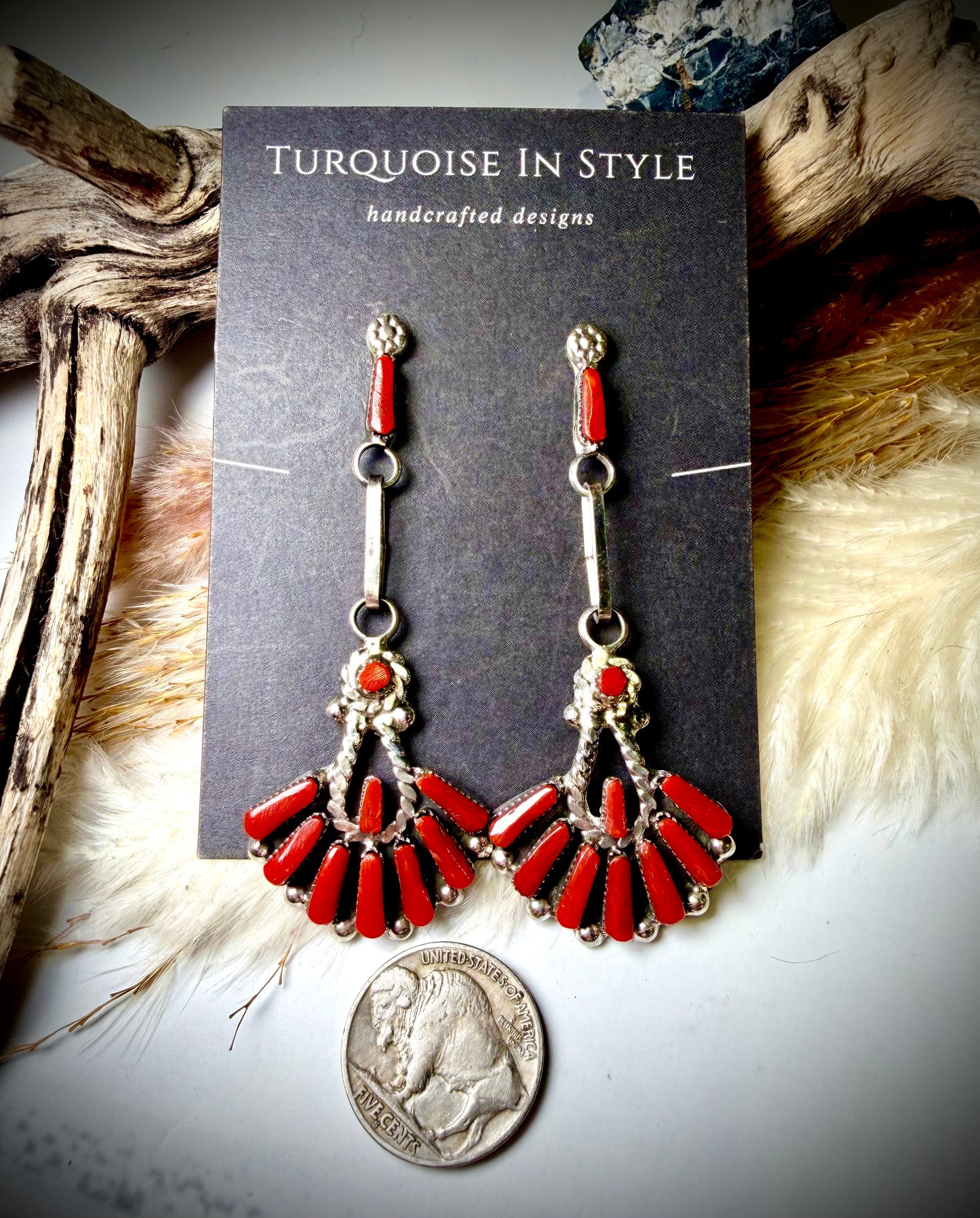 Long Zuni Red Coral Stud Dangle Earrings