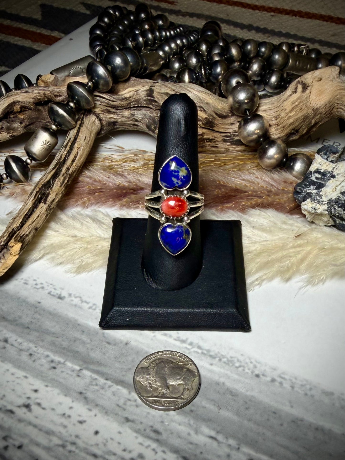 Lapis & Red Spiny Ring- Size 8