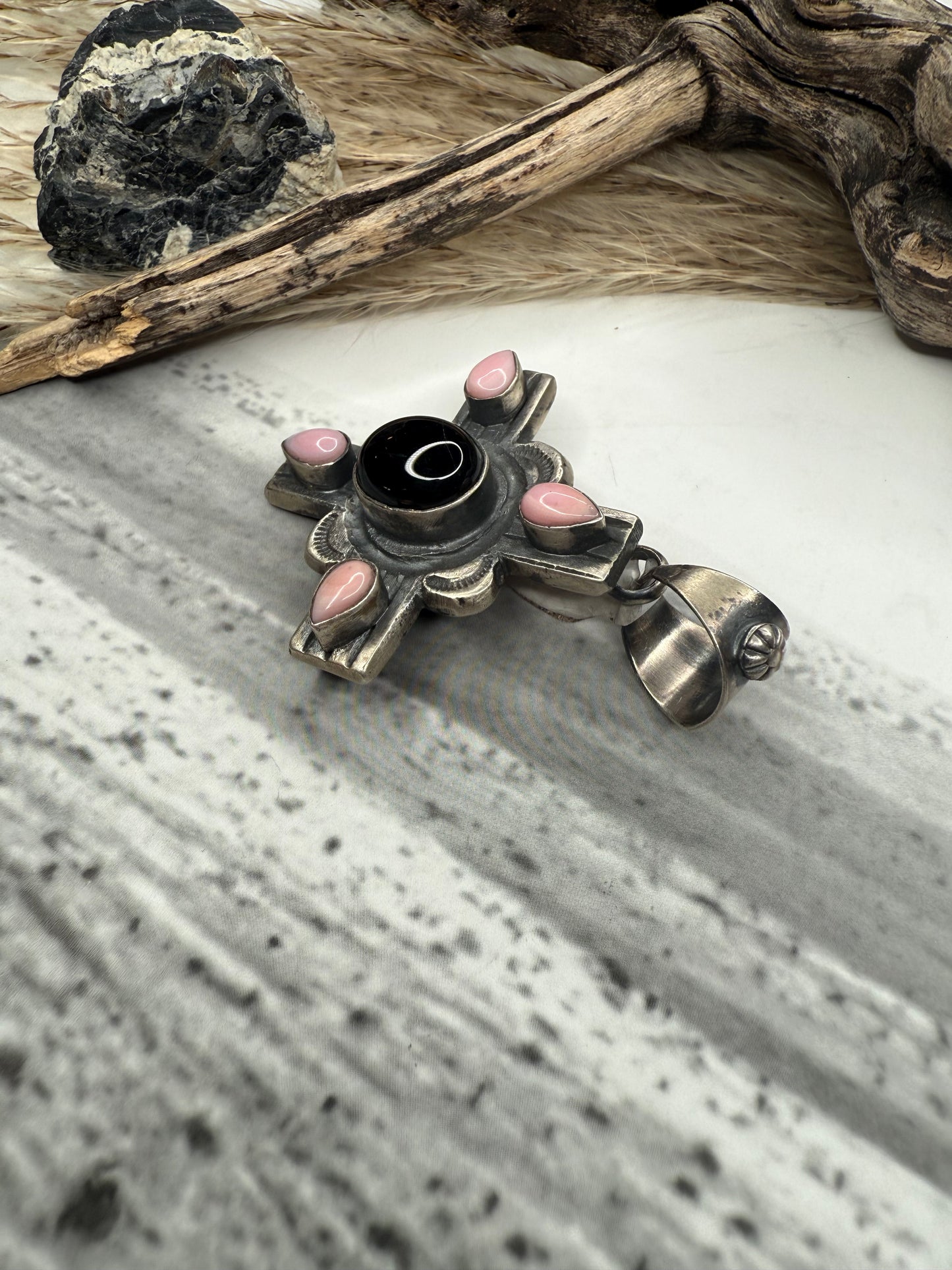 Black Onyx & Pink Conch Zia Pendant