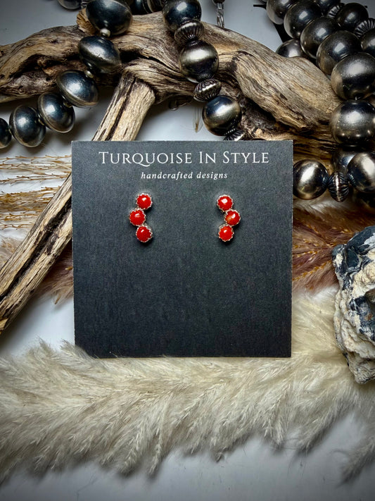 Three Stone Red Coral Studs