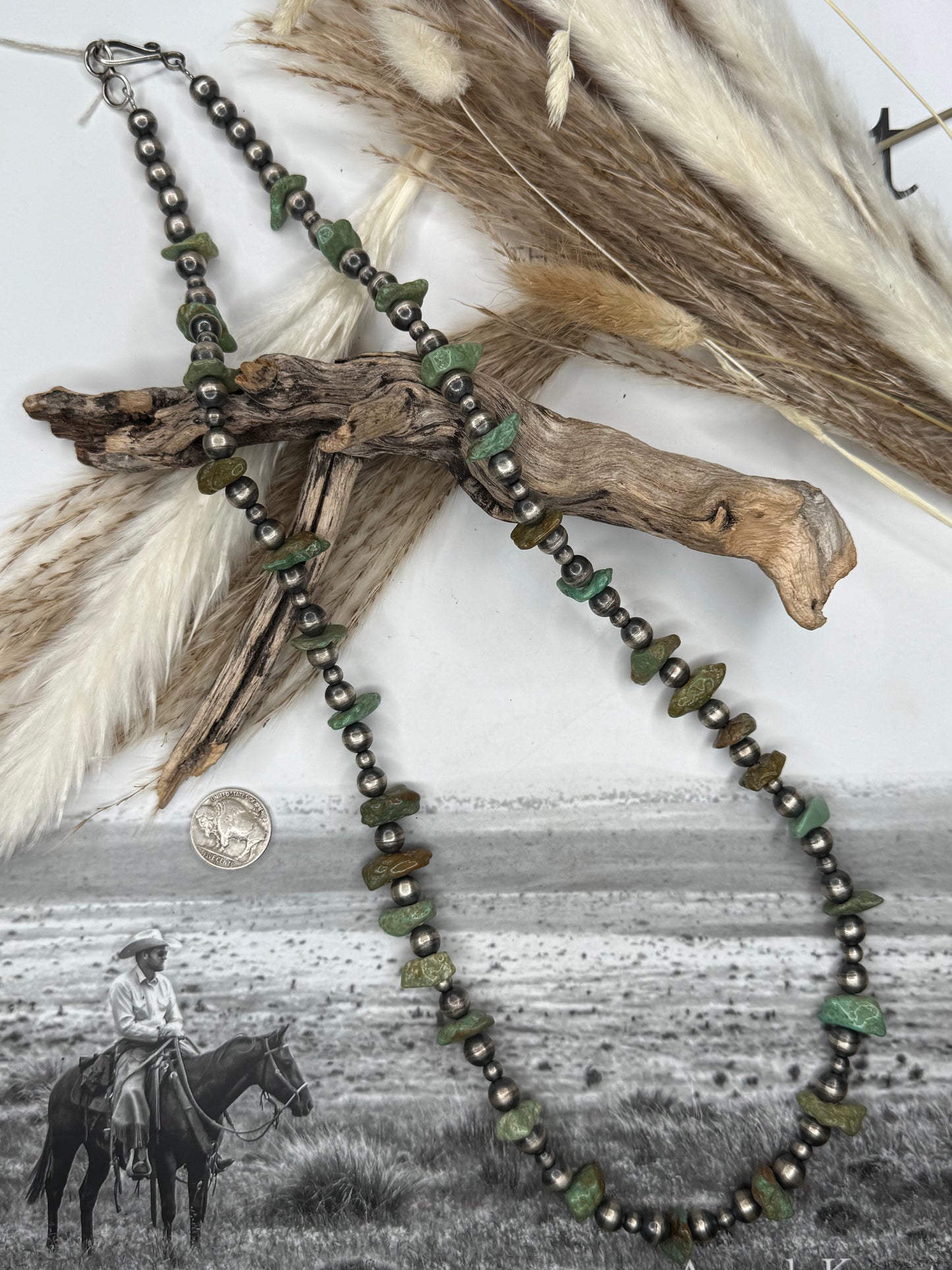 31" Handmade Green Turquoise and Sterling Pearl Necklace
