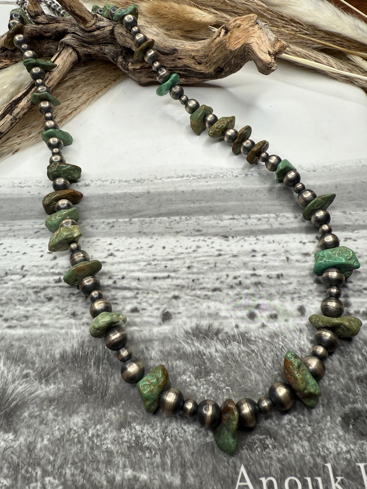 31" Handmade Green Turquoise and Sterling Pearl Necklace