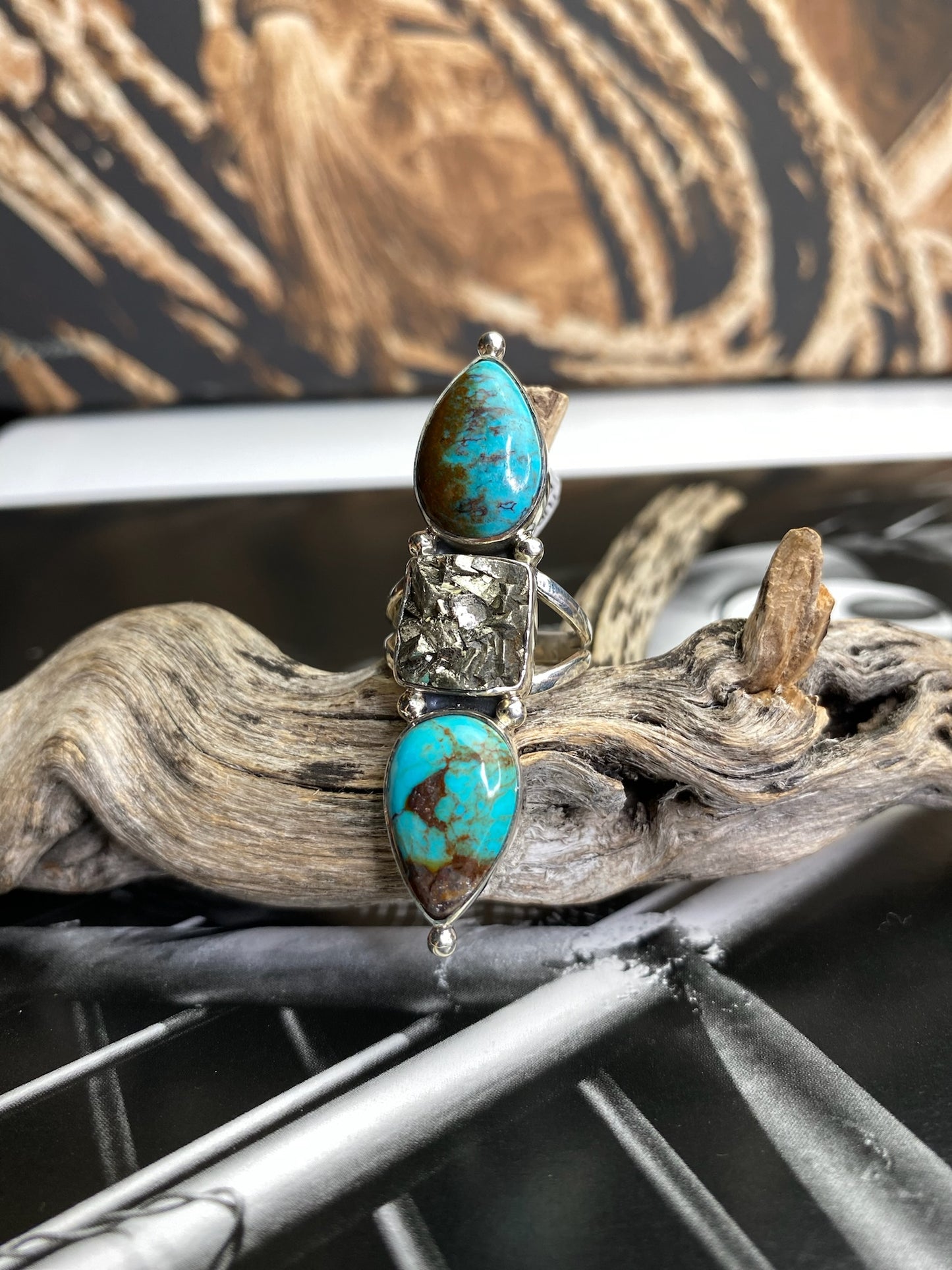 Druzy Pyrite & Turquoise Ring- adjustable