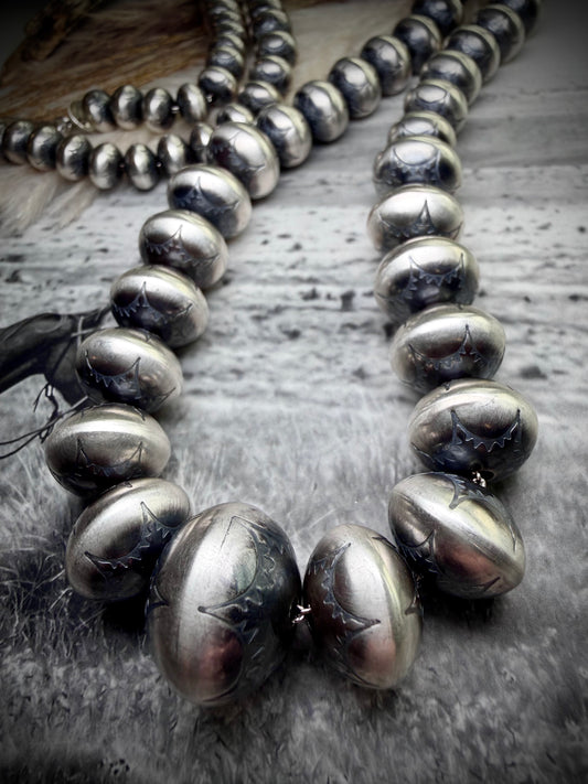 30" Graduated Stamped Sterling Silver Navajo Pearls by Bryannen Halwood