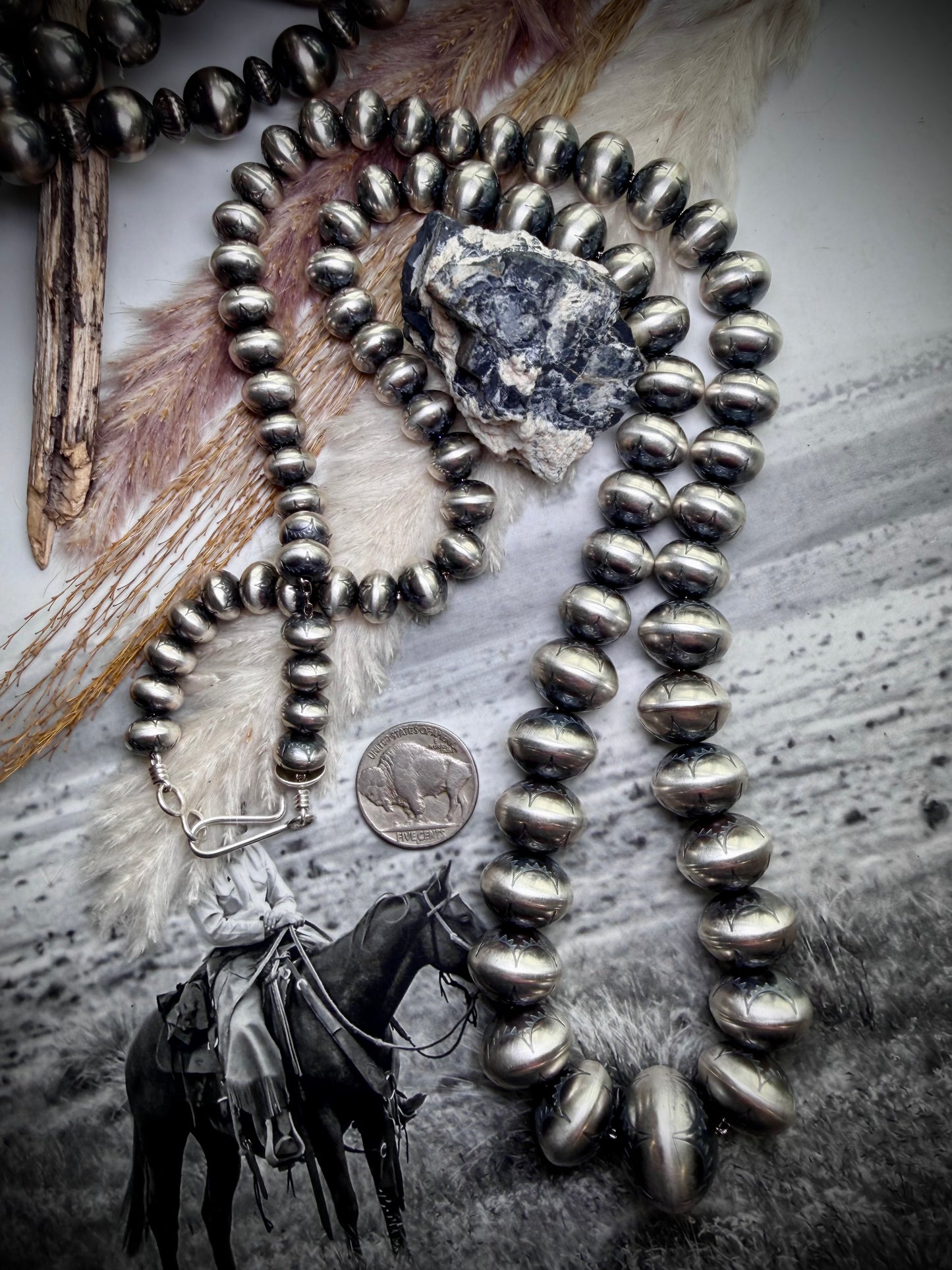 30" Graduated Stamped Sterling Silver Navajo Pearls by Bryannen Halwood