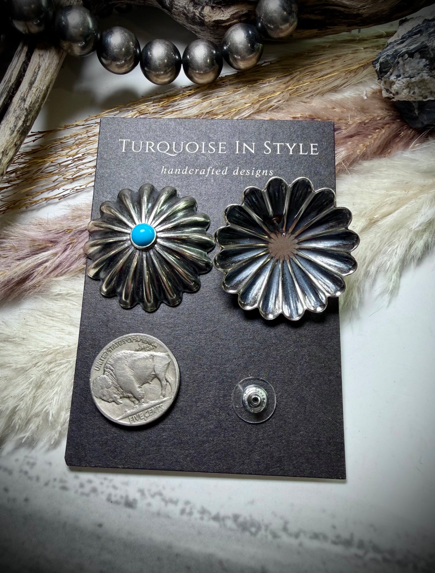 Large Sterling Silver Concho Studs with Turquoise