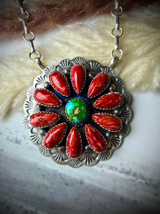 Peruvian Red Spiny and Sonoran Turquoise Pendant Necklace by Kee Johnson