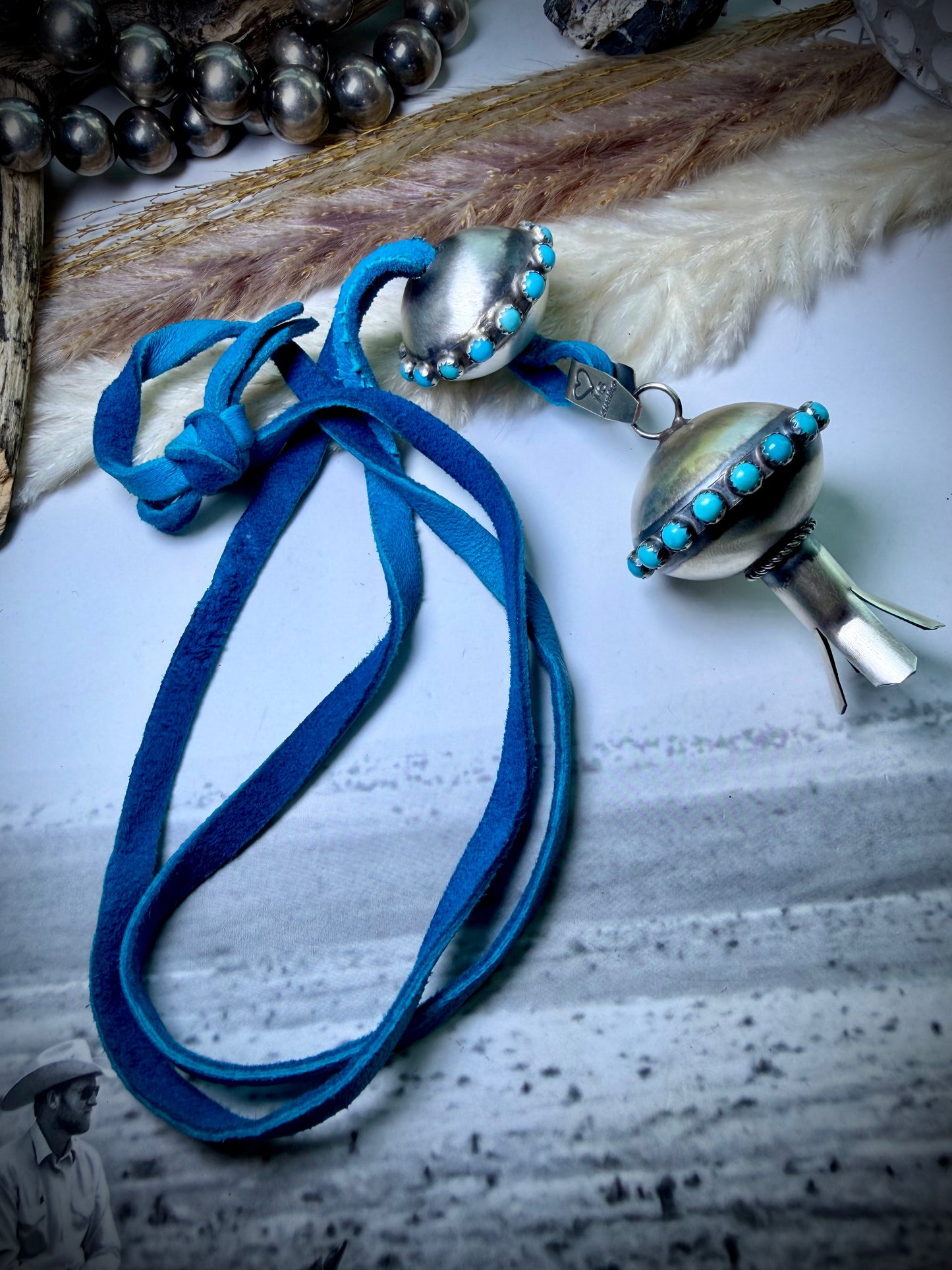 Monica Smith Turquoise Blossom and Saucer Bead with Turquoise on Blue Leather
