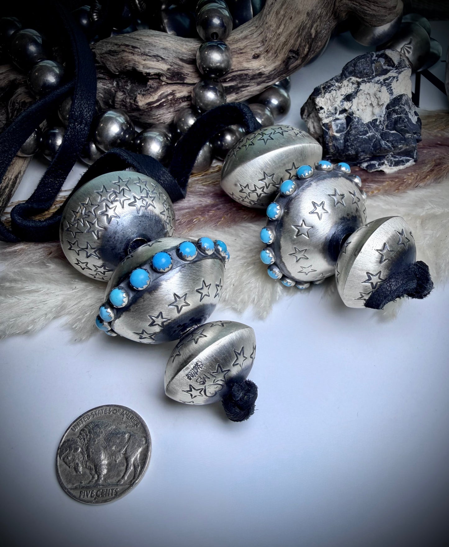 Six Monica Smith Saucers with Stars and Turquoise on Black Leather