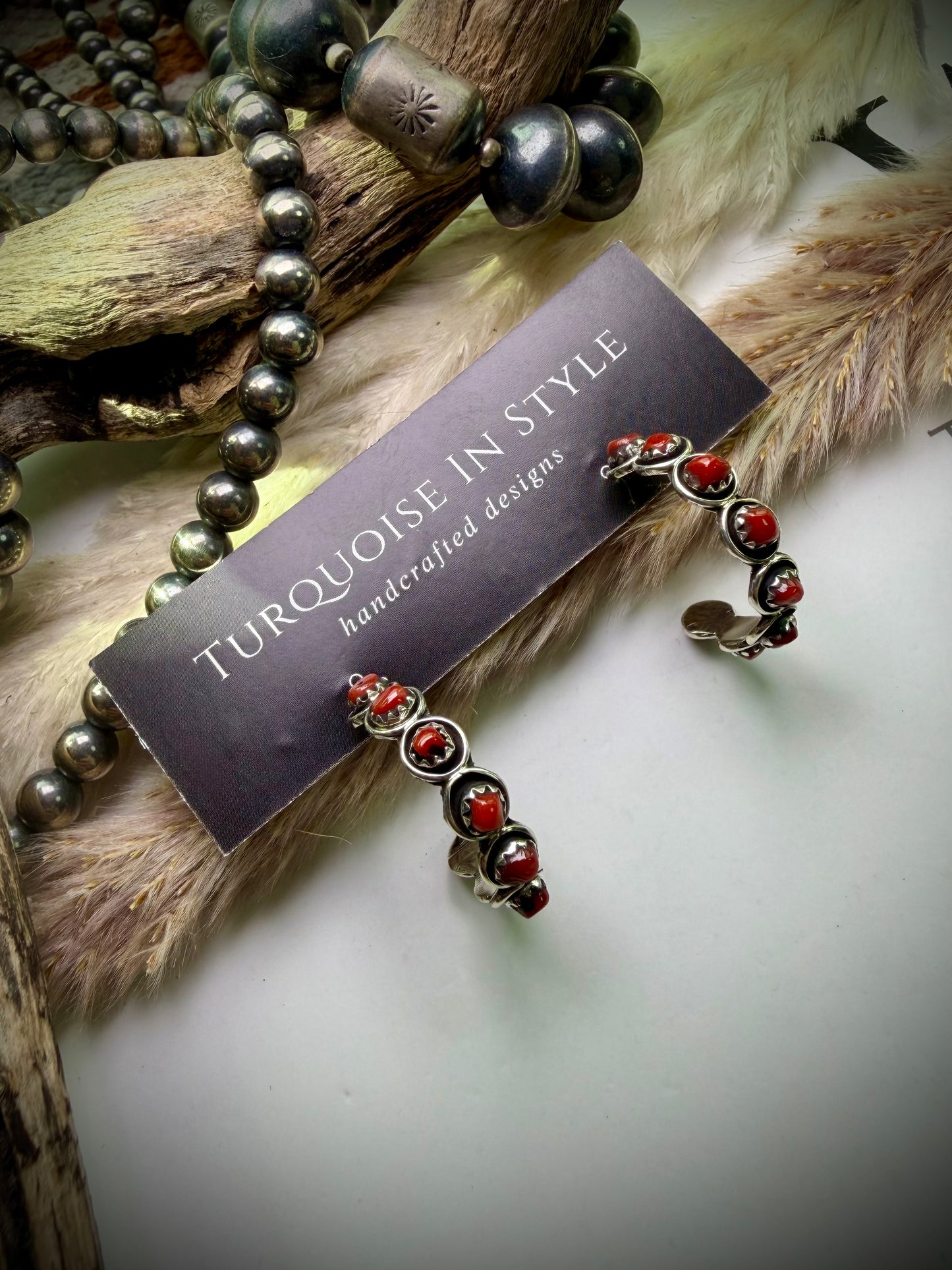 Zuni Snake Eye Hoops- Red Coral