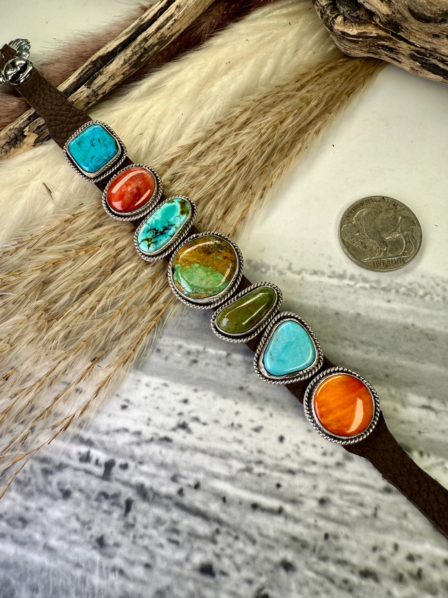 One-of-a-Kind 7-Stone Leather Bracelet