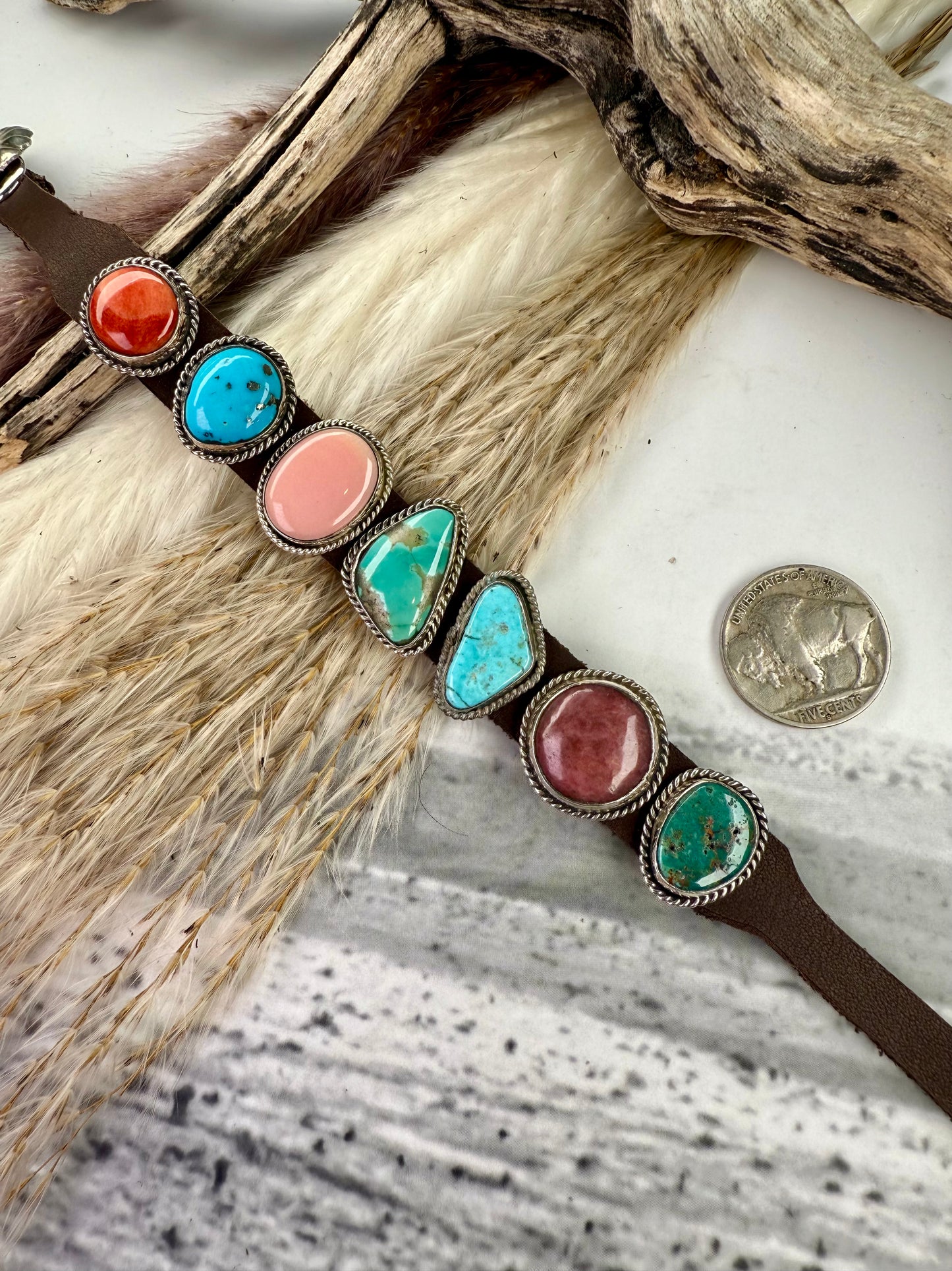 One-of-a-Kind 7-Stone Leather Bracelet
