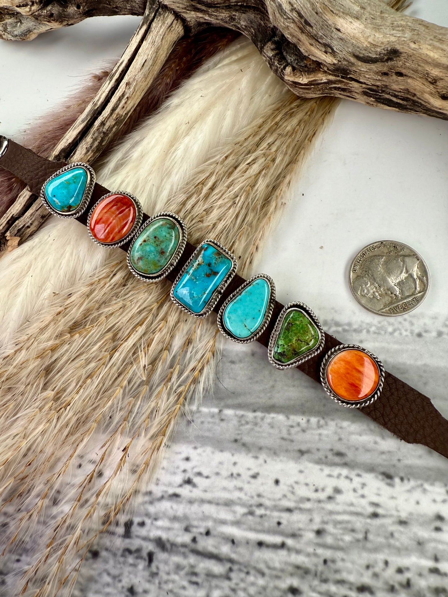 One-of-a-Kind 7-Stone Leather Bracelet