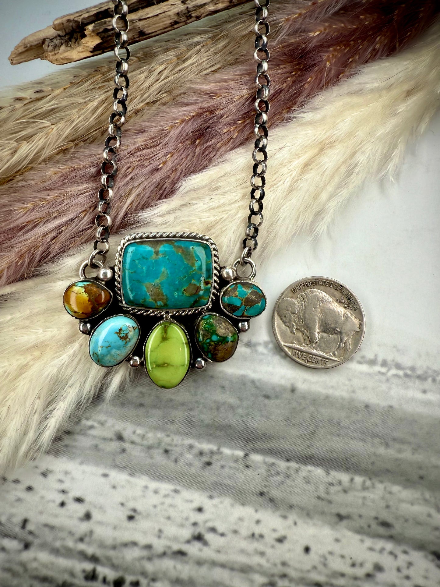 Mixed Mine & Sonoran Gold Turquoise Cluster Necklace by Emer Thompson