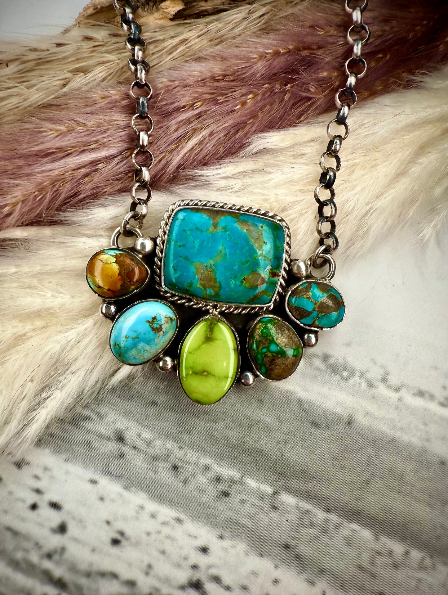 Mixed Mine & Sonoran Gold Turquoise Cluster Necklace by Emer Thompson