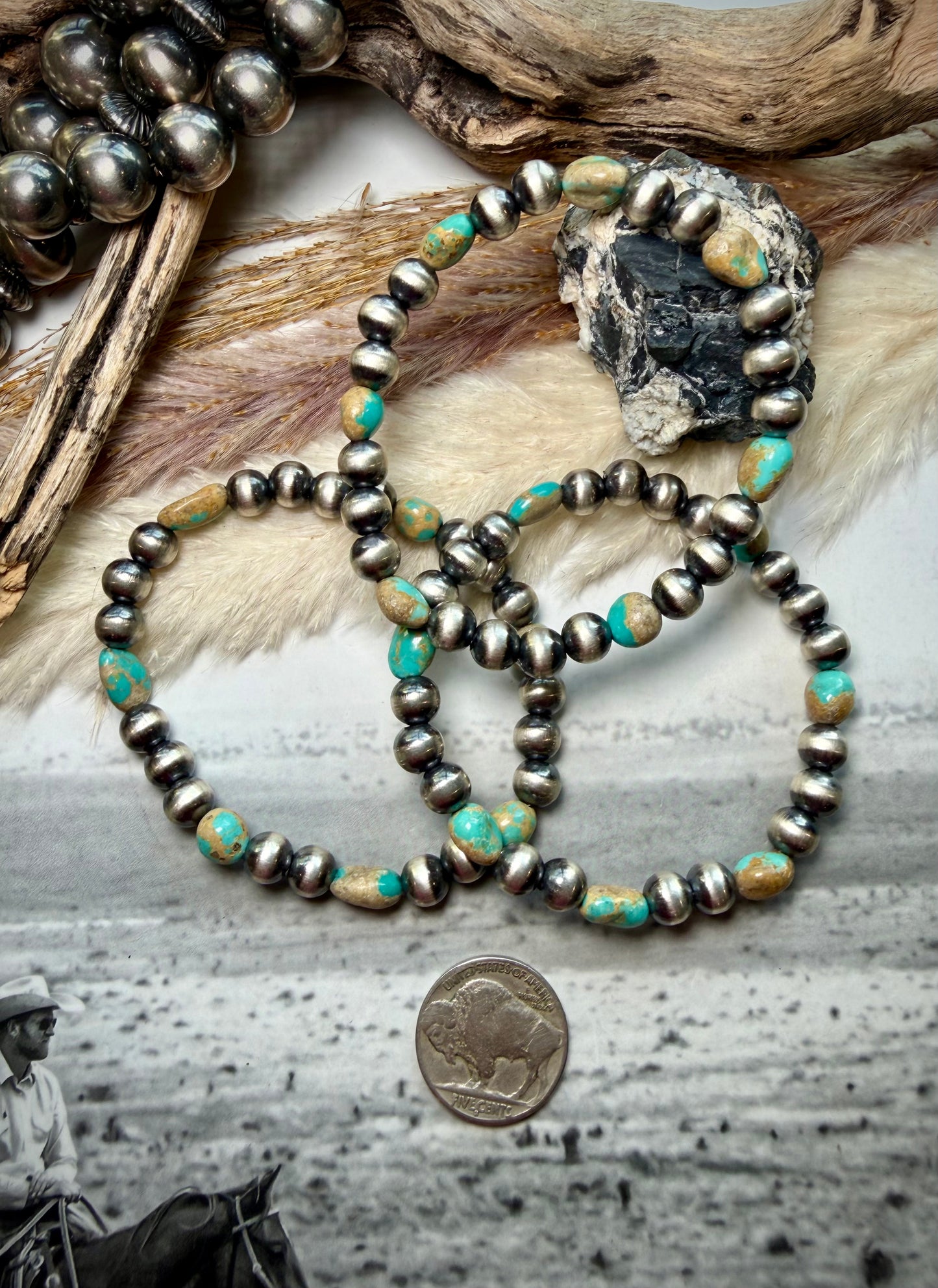 7 mm Sterling Pearls & Royston Stretch Bracelet (Ribbon/Boulder)