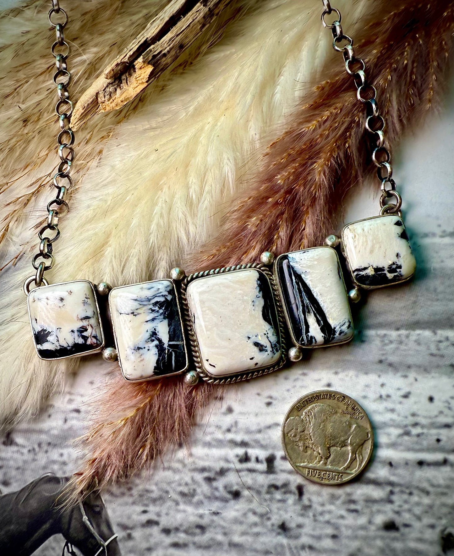 Patrick Yazzie White Buffalo 5-Stone Rectangle & Square Bar Necklace – 20" Chain