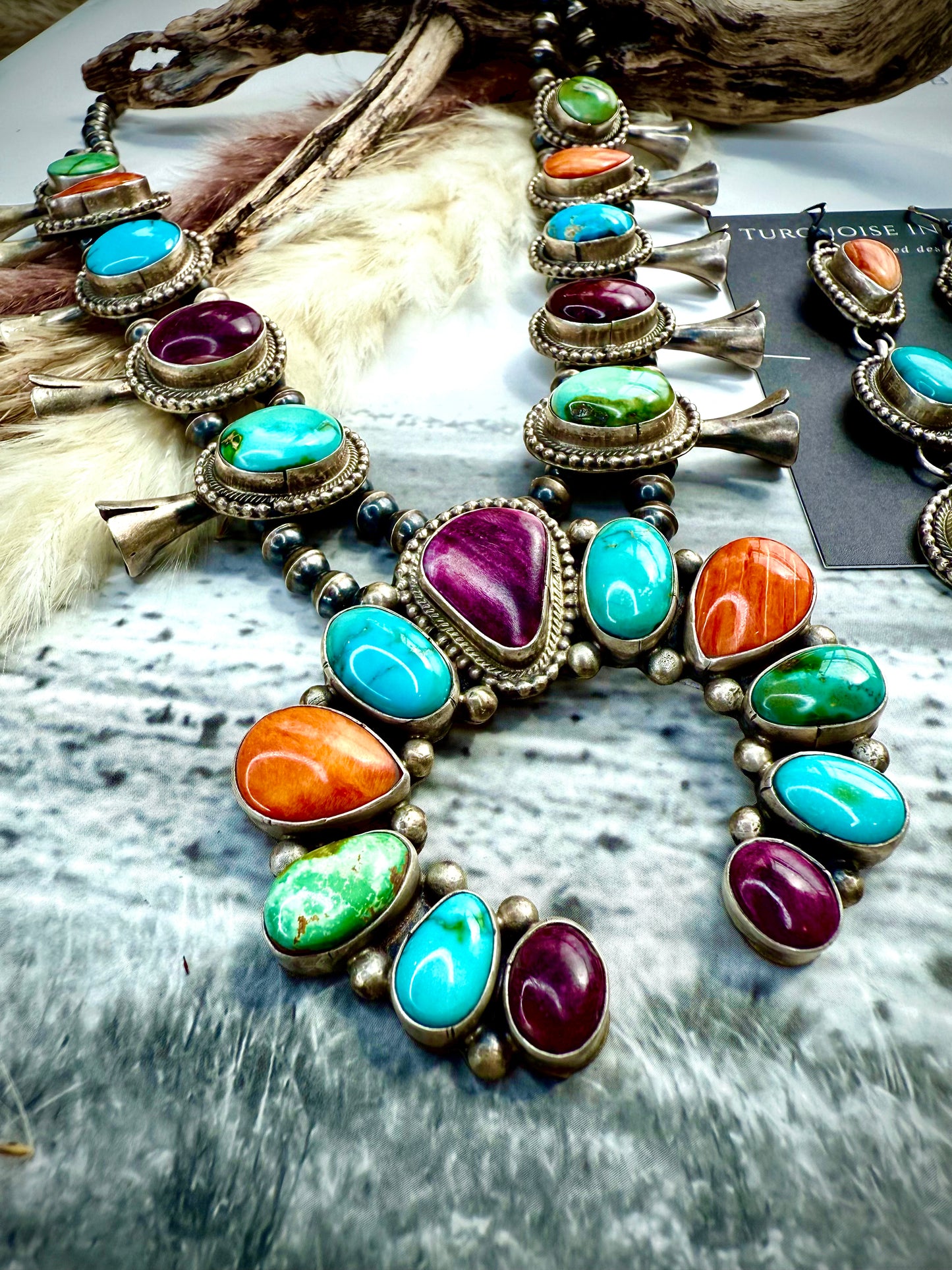 Timothy Yazzie Multi-Stone Squash Blossom Necklace & Earring Set