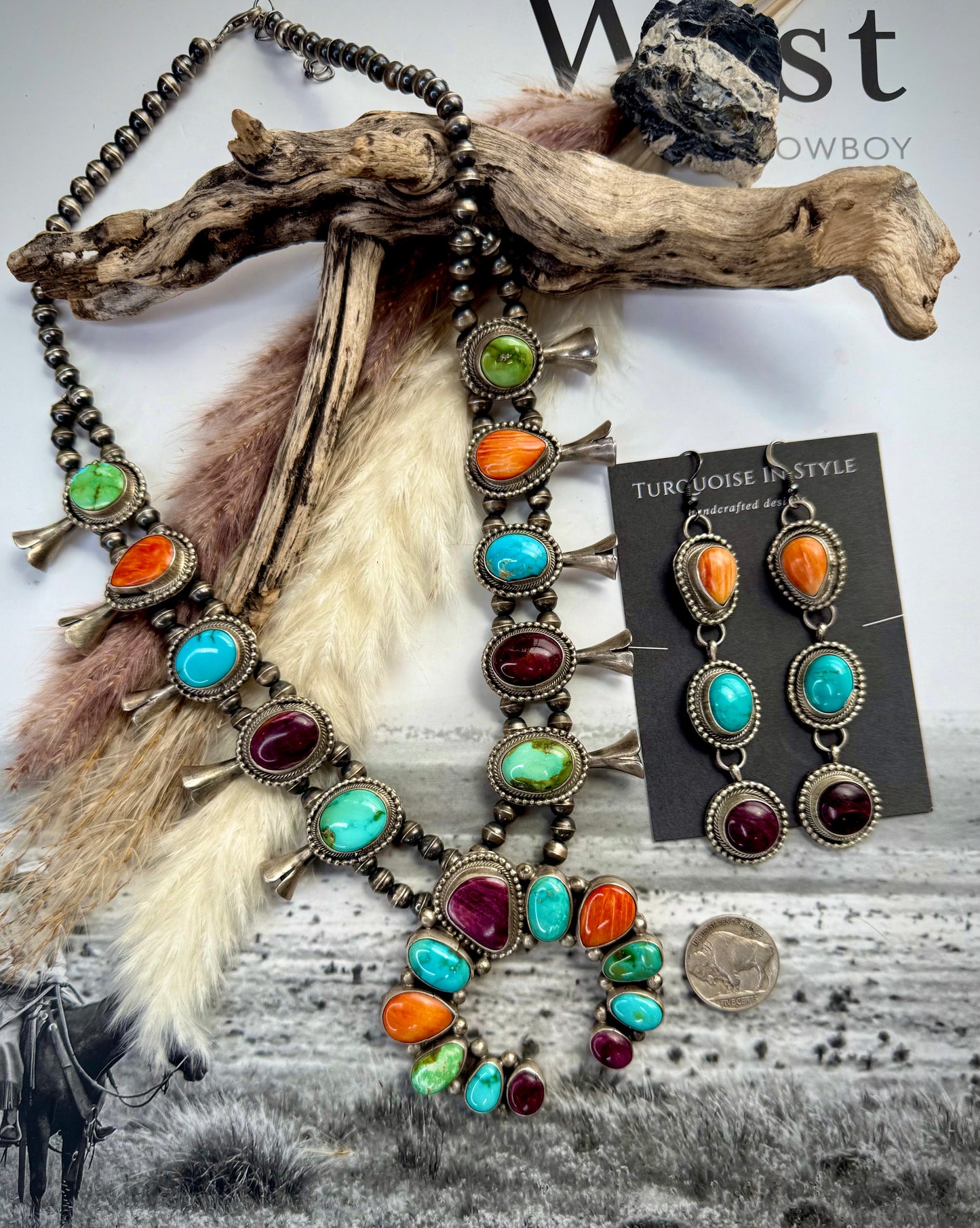 Timothy Yazzie Multi-Stone Squash Blossom Necklace & Earring Set