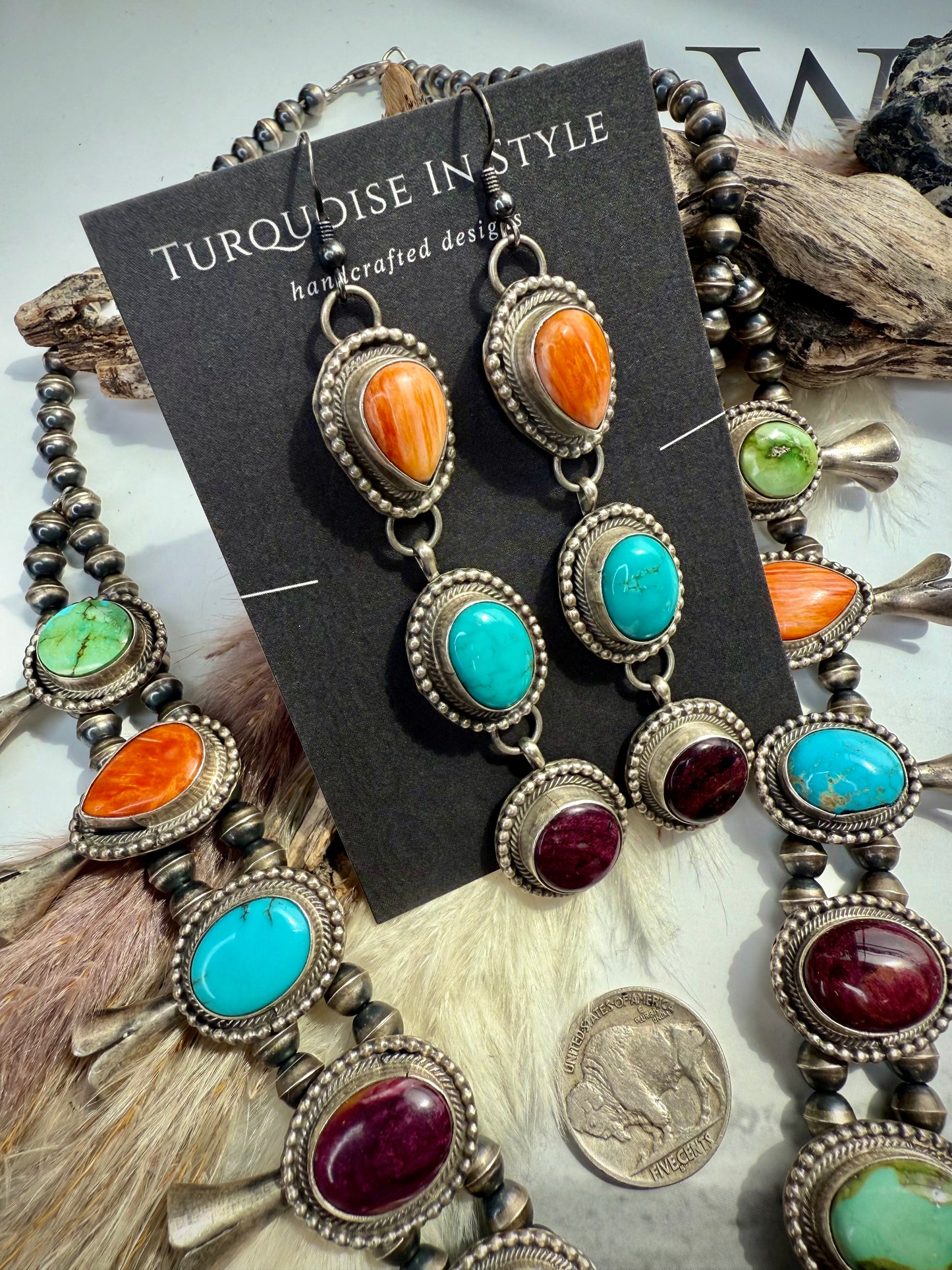 Timothy Yazzie Multi-Stone Squash Blossom Necklace & Earring Set