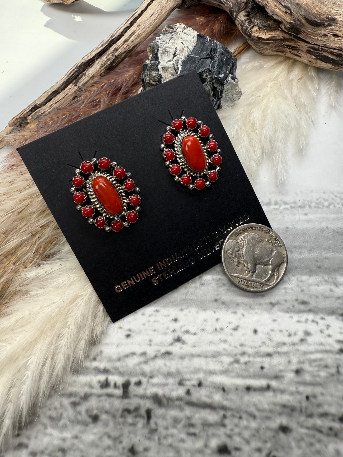 Red Coral Cluster Earrings