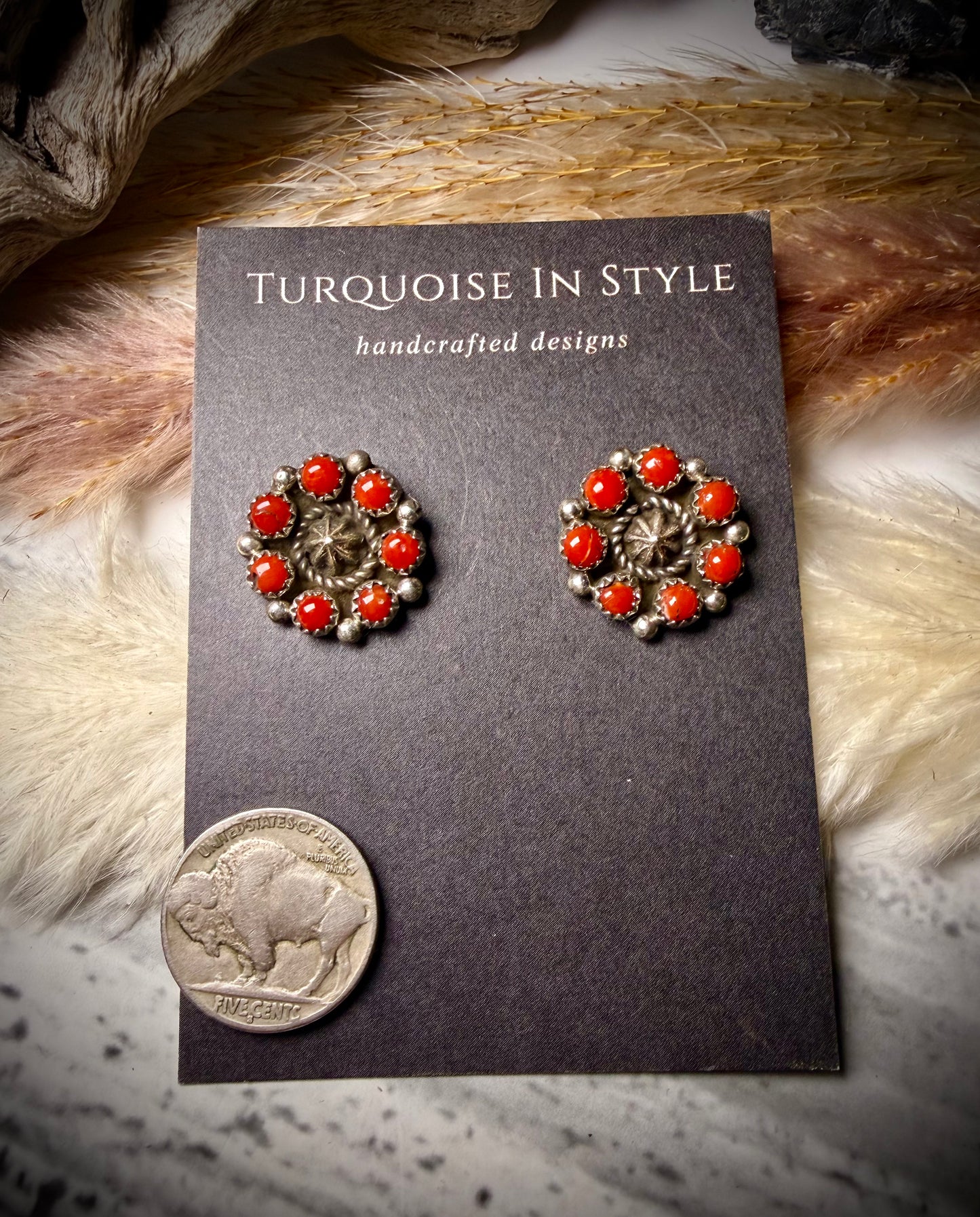 Red Coral Concho Cluster Earring Fairren Begay
