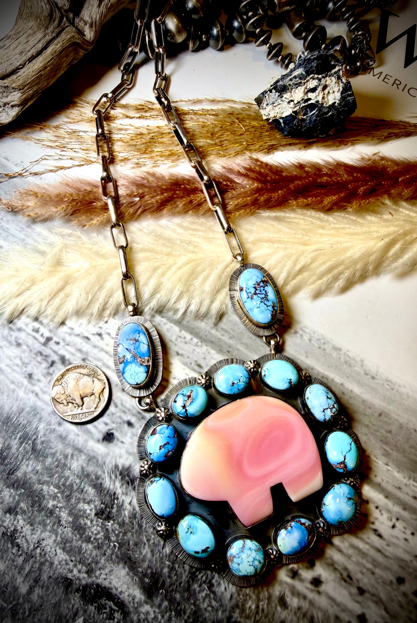 Golden Hills and Pink Conch Bear Pendant Necklace