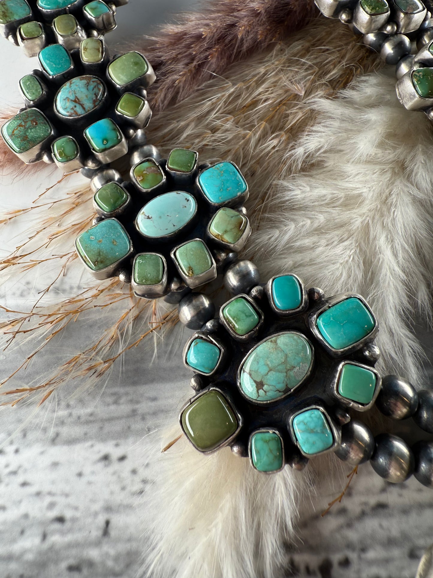Ella Peter Square Mixed Mine Squash Blossom Necklace