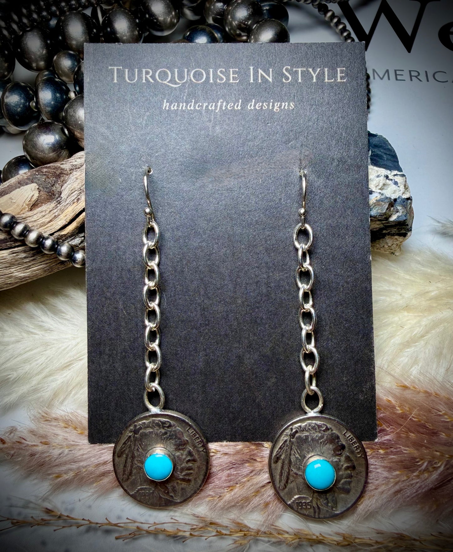 Buffalo Nickel with Turquoise on Chain Dangles