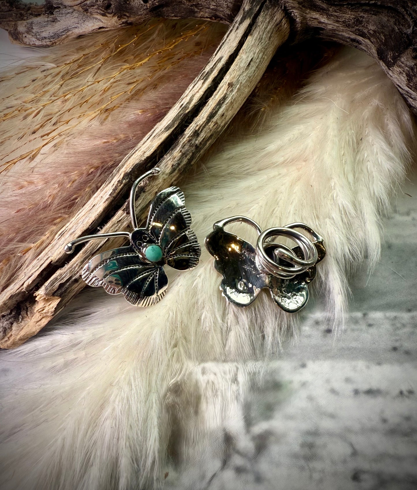 Sterling Silver Butterfly Hair Twists with Turquoise by Marie Bahe