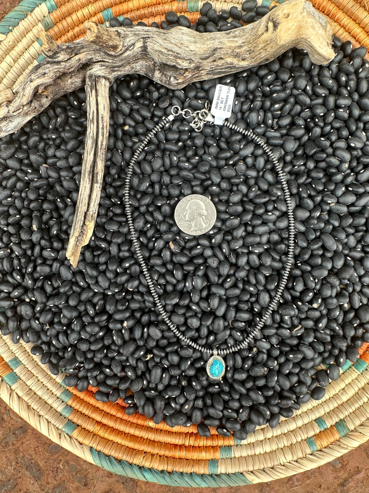 14" 3mm Saucer necklace with Turquoise nugget pendant
