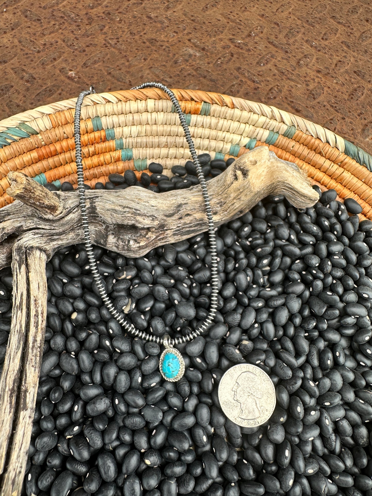14" 3mm Saucer necklace with Turquoise nugget pendant