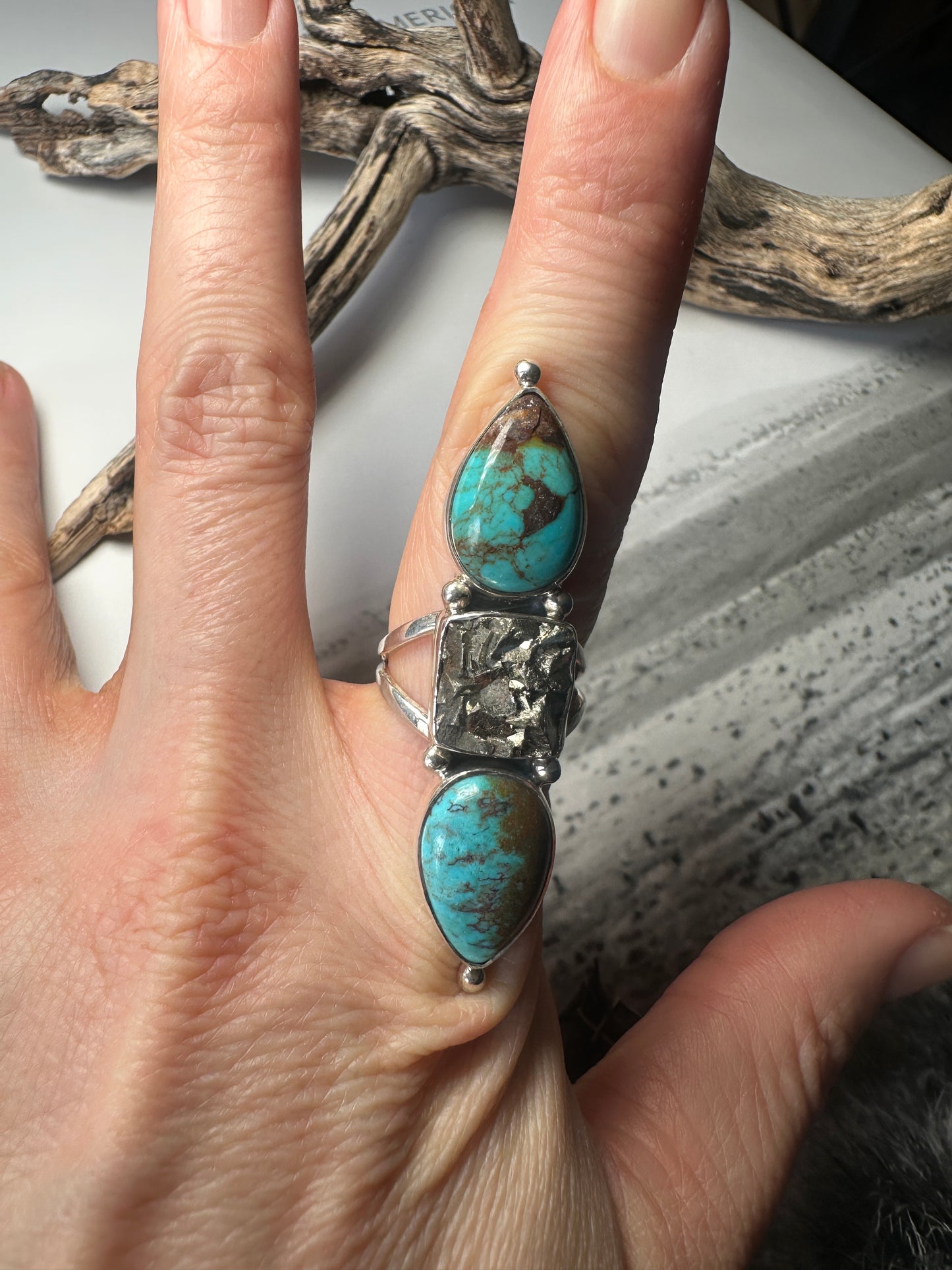 Druzy Pyrite & Turquoise Ring- adjustable