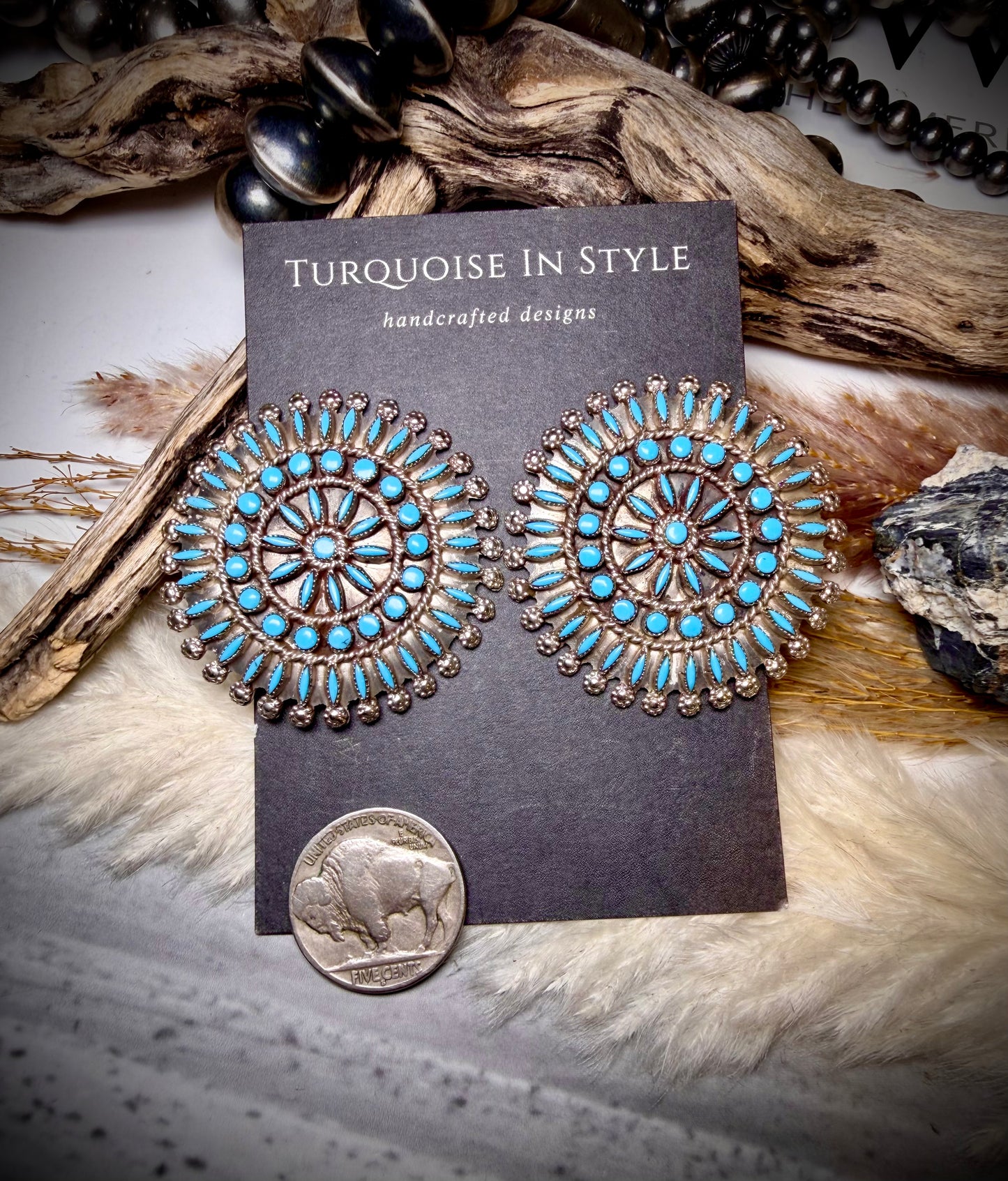 Sleeping Beauty Turquoise Needlepoint and Petit Point Zuni Cluster Earrings by Merlinda Chavez